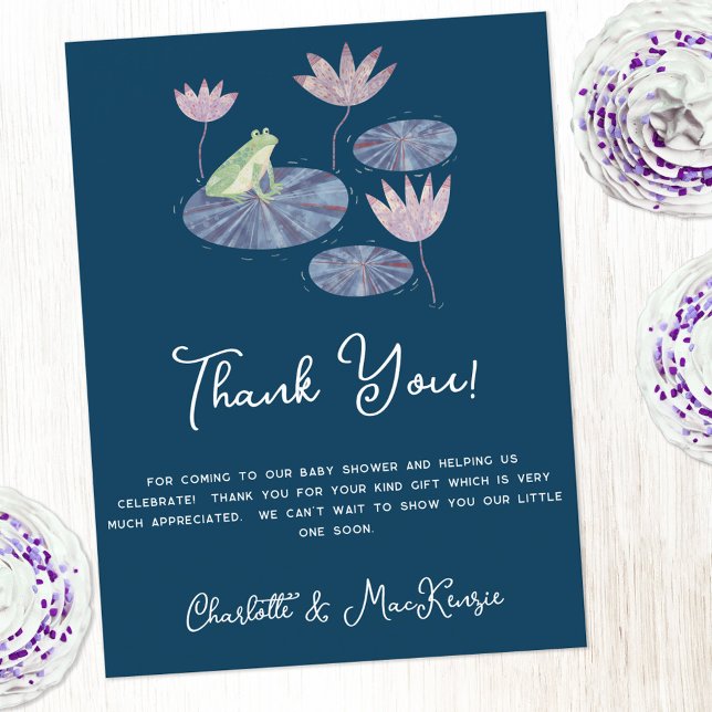 Postal Rana en una Baby Shower de Lily Pad Gracias (Frog baby shower thank you postcard with custom text)