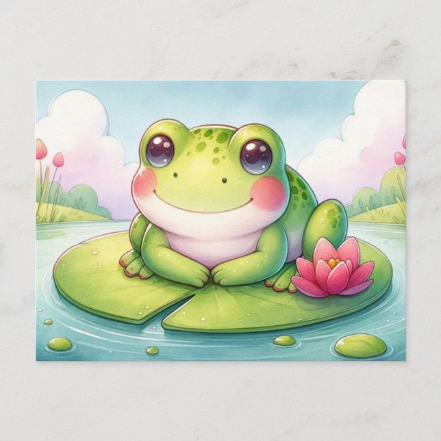 Postal Rana feliz en Lily Pad - Cute acuarela digital (Anverso)