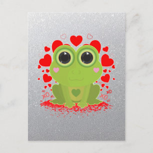 Postal Rana Kawaii Adorable Con Corazones en Elegante Pla