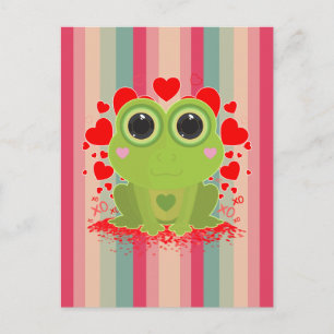 Postal Rana Kawaii Adorable Con Corazones Sobre Rayas Pas