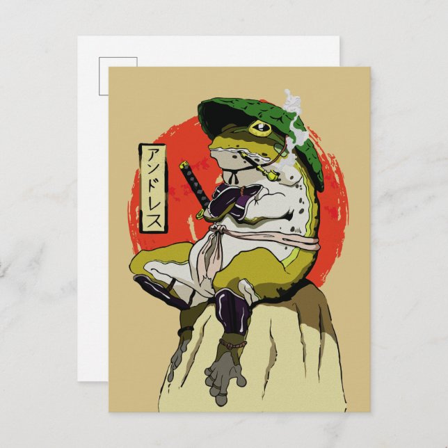 Postal Rana samurai con estética de sol rojo (Anverso / Reverso)