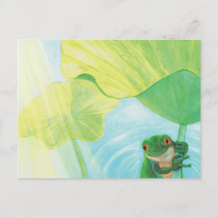 Postal Rana verde divertida bajo Lily Pad