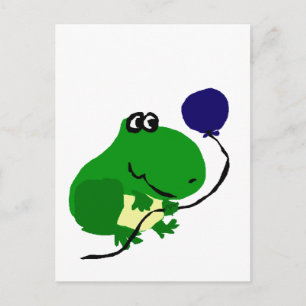 Postal Rana verde divertida con globo de cumpleaños azul