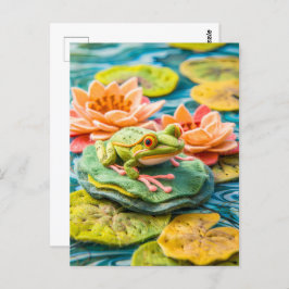 Postal Rana verde sobre las pastillas de lirio en estanqu