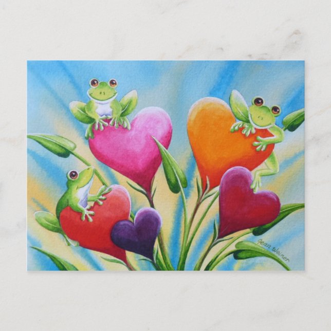 Postal Ranas y Corazones singulares, arte acuarela (Anverso)