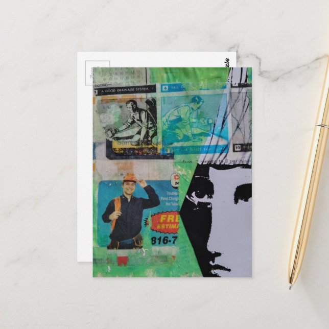 Postal Random Mixed Media Collage Working Men and a Face (Anverso/Reverso In Situ)