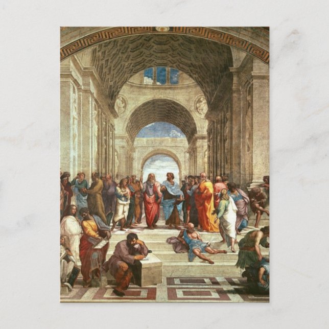 Postal Raphael - Escuela de Atenas, pintura famosa (Anverso)