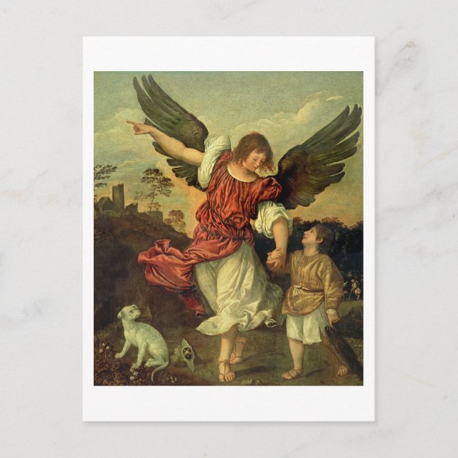 Postal Raphael y Tobias, 1507-8 (petróleo en el panel) (Anverso)