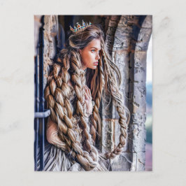 Postal Rapunzel con su largo cabello en la Torre