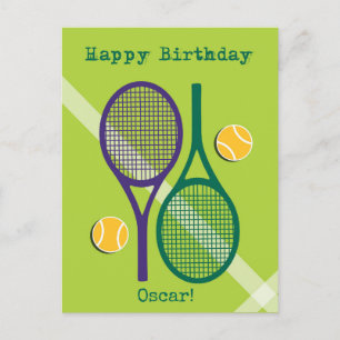 Postal Raqueta de tenis verde y violeta fresca Cumpleaños