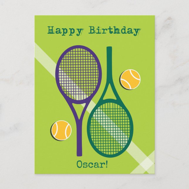 Postal Raqueta de tenis verde y violeta fresca Cumpleaños (Anverso)