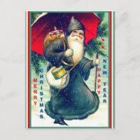 Raras Vintage Santa con paraguas rojos, ropa negra