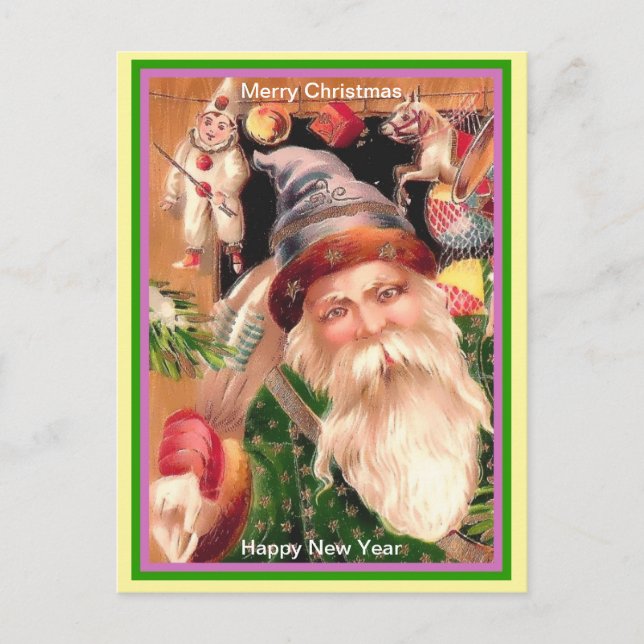 Postal Raros Santa Púrpura Gorra Abrigo Verde Piel y Estr (Anverso)