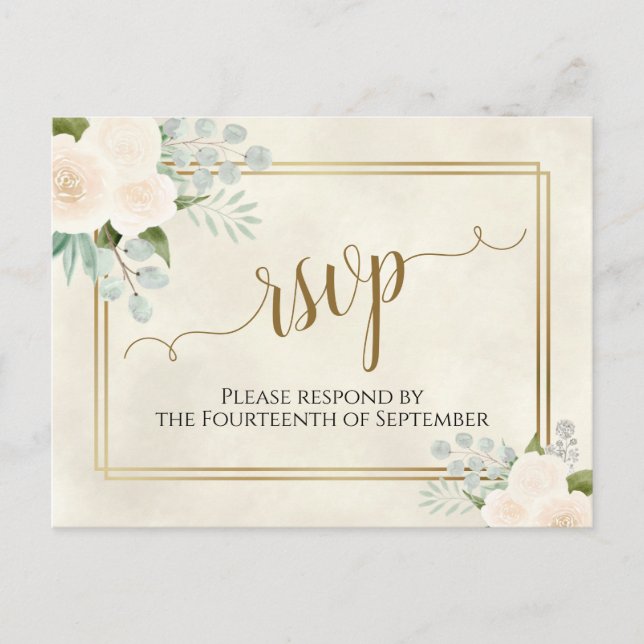 Postal Rasas blancas y eucalipto Boda de oro RSVP (Anverso)
