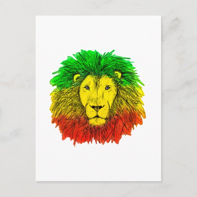 Postal Rasta cabeza de león rojo dibujo verde amarillo Ja (Anverso)
