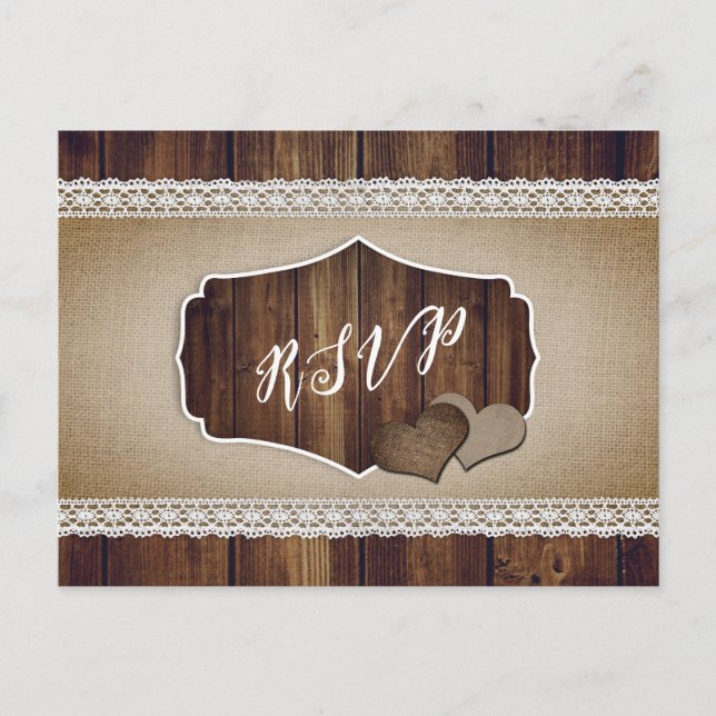 Postal Rastic Country Wood Burlap Lace Wedding RSVP (Anverso)