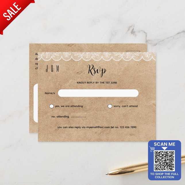 Postal Rastic White Lace Wedding RSVP Por Coincidir Con I (Subido por el creador)