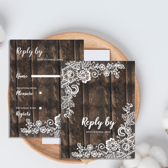 Postal Rastic Wood White Floral Lace Country Wedding RSVP (Rustic Wood White Floral Lace Country Wedding RSVP Postcard)
