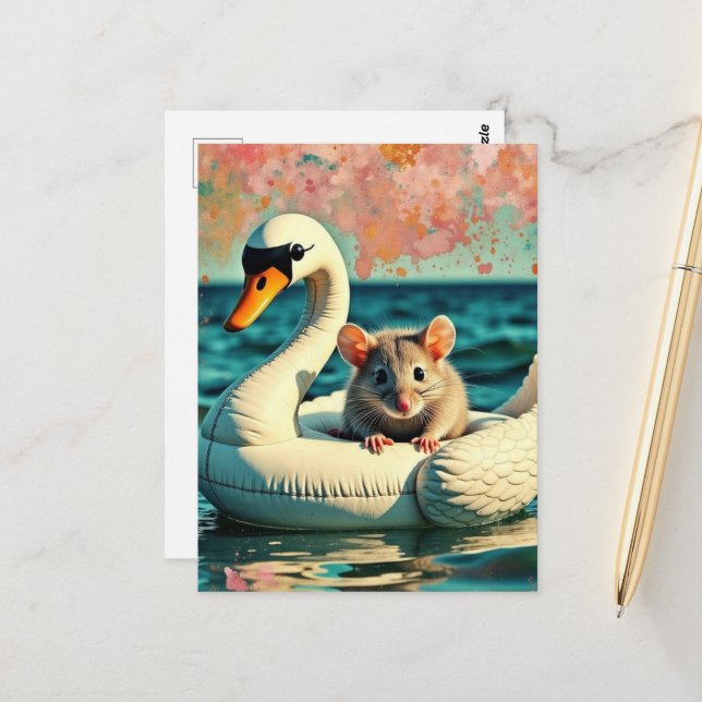 Postal Ratón Adorable en una Flotador de Cisne (Anverso/Reverso In Situ)
