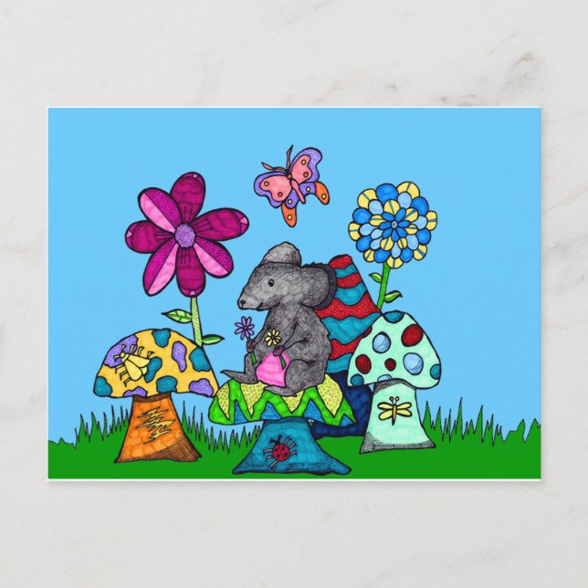 Postal Ratón Adorable entre los hongos (Anverso)