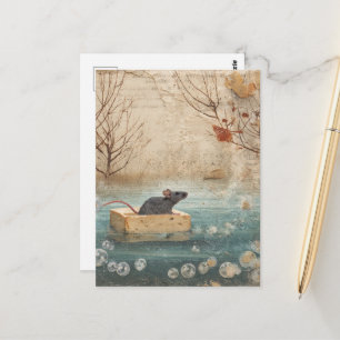 Postal Ratón Adorable Flotando en un Jabón Río Abajo