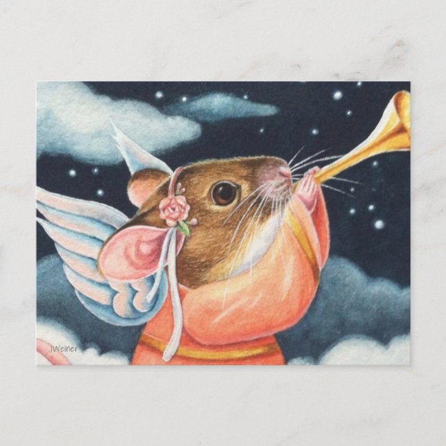 Postal Ratón Ángel de Navidad y Trompeta Arte Acuarela (Anverso)