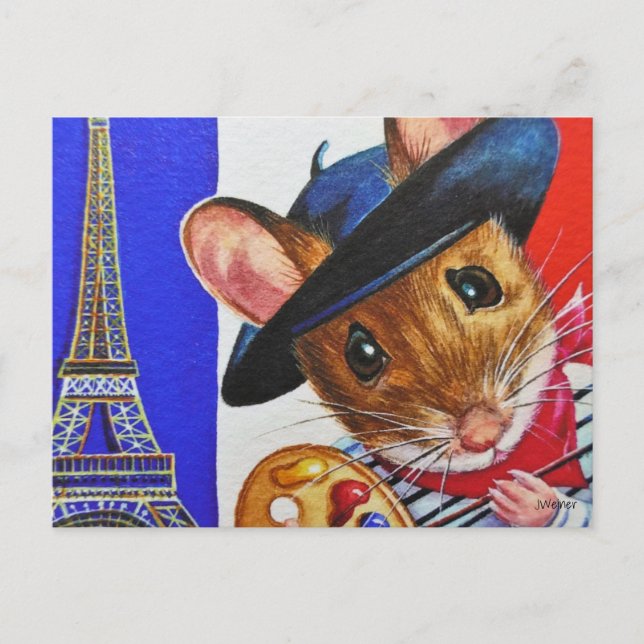 Postal Ratón Artista de Francia Torre Eiffel Arte Acuarel (Anverso)