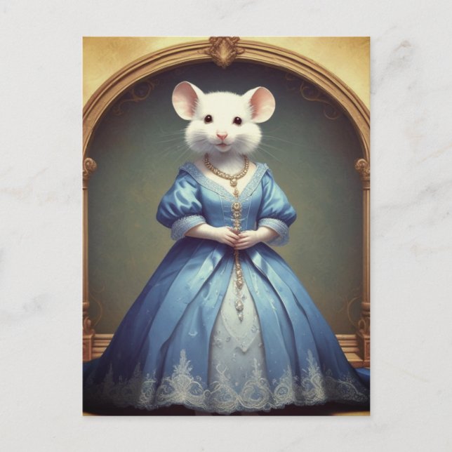 Postal Ratón blanco lindo con vestido azul (Anverso)
