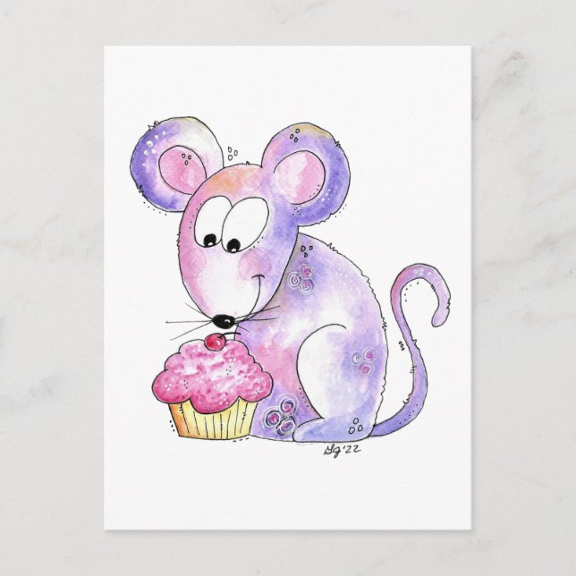 Postal Ratón Caprichoso y Adorable con un Cupcake (Anverso)