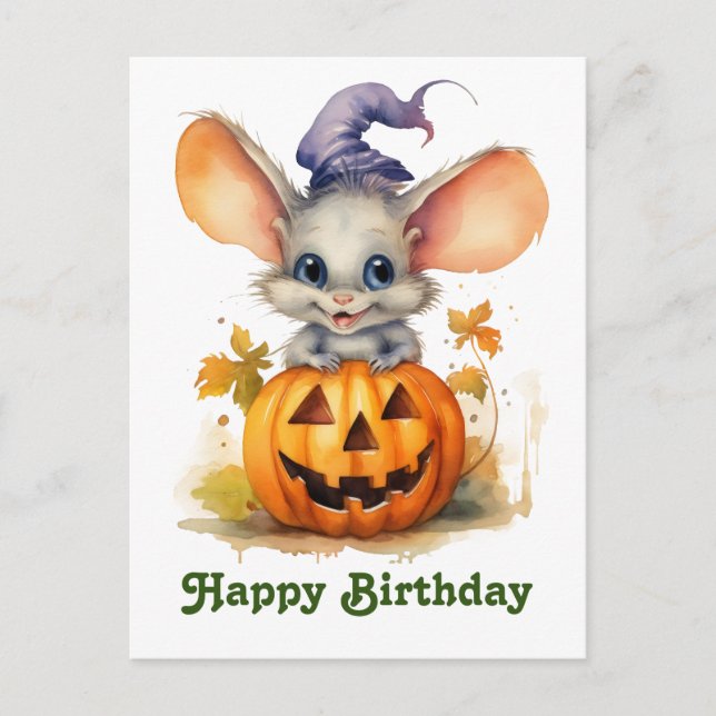 Postal Ratón de cumpleaños de la calabaza de Halloween (Anverso)