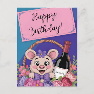 Postal Ratón de dibujos animados lindo en una cesta de re