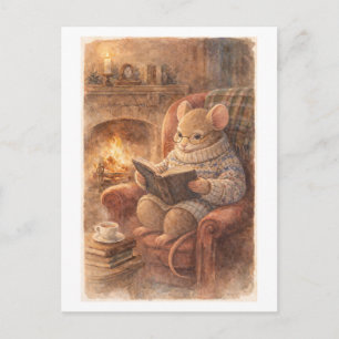 Postal Ratón de estilo vintage leyendo junto al fuego