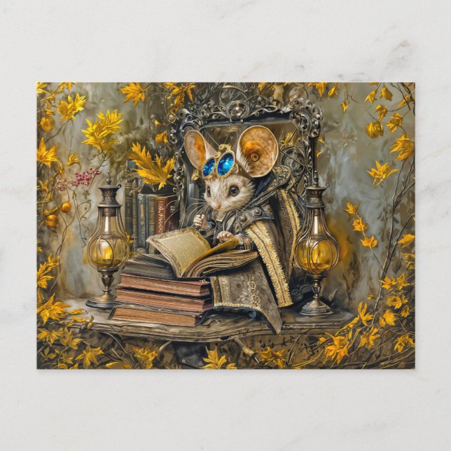 Postal ratón de lectura steampunk (Anverso)