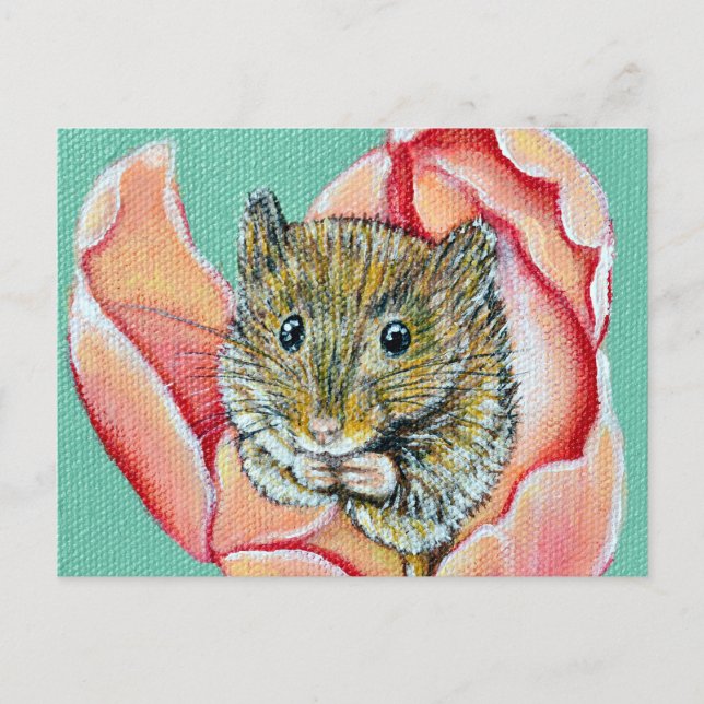 Postal Ratón en una pintura de Tulipán (Anverso)