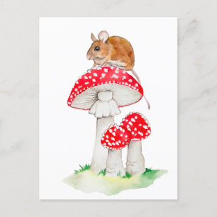 Postal Ratón gracioso sobre una mosca agaric, acuarela