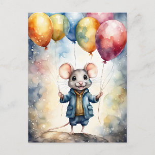 Postal Ratón lindo con globos coloridos, personalizado