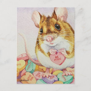 Postal Ratón marrón sé mío Valentine dulce Watercolor Art