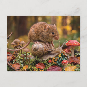 Postal Ratón Pequeño Montando Caracol en Bosque de Otoño