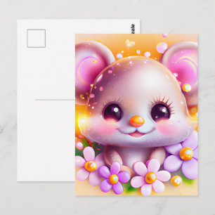 Postal Ratón rosa de Kawaii