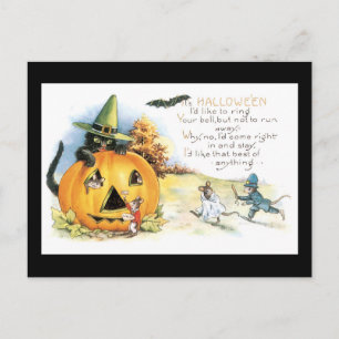 Postal Ratón y gato negro de Halloween