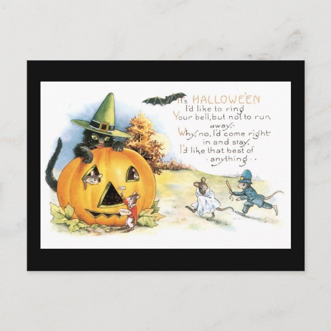 Postal Ratón y gato negro de Halloween (Anverso)
