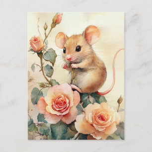 Postal ratón y rosas rosadas
