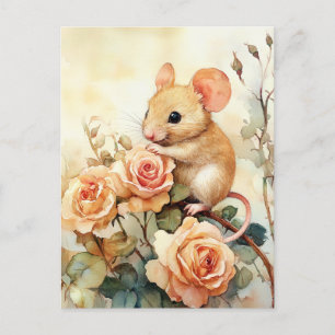 Postal ratón y rosas rosadas