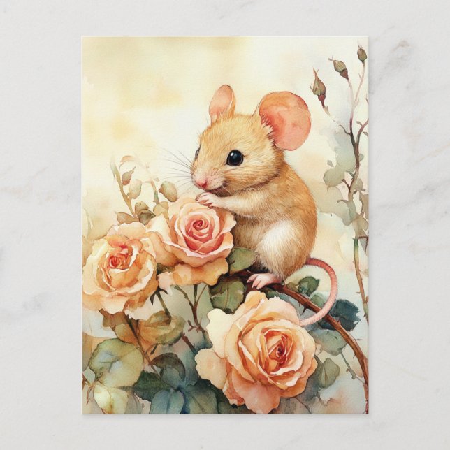 Postal ratón y rosas rosadas (Anverso)