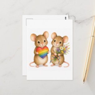 Postal Ratones adorables con corazón de arcoíris y flores