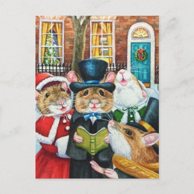 Postal Ratones de acuarela villancando de Dickens (Anverso)