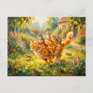 Postal Ratones montando gato a través del jardín