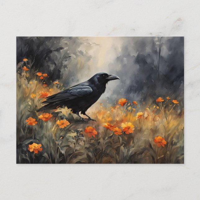 Postal Raven acuarela en un campo de flores silvestres (Anverso)