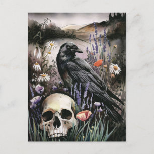 Postal Raven acuarela y campo de flor silvestre de cráneo