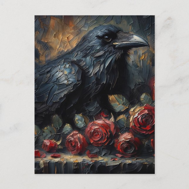 Postal Raven con Roses Rojos Arte Gótico (Anverso)
